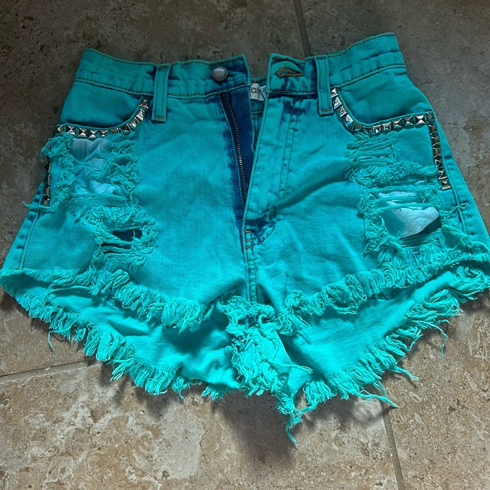 Studded Teal Denim Shorts